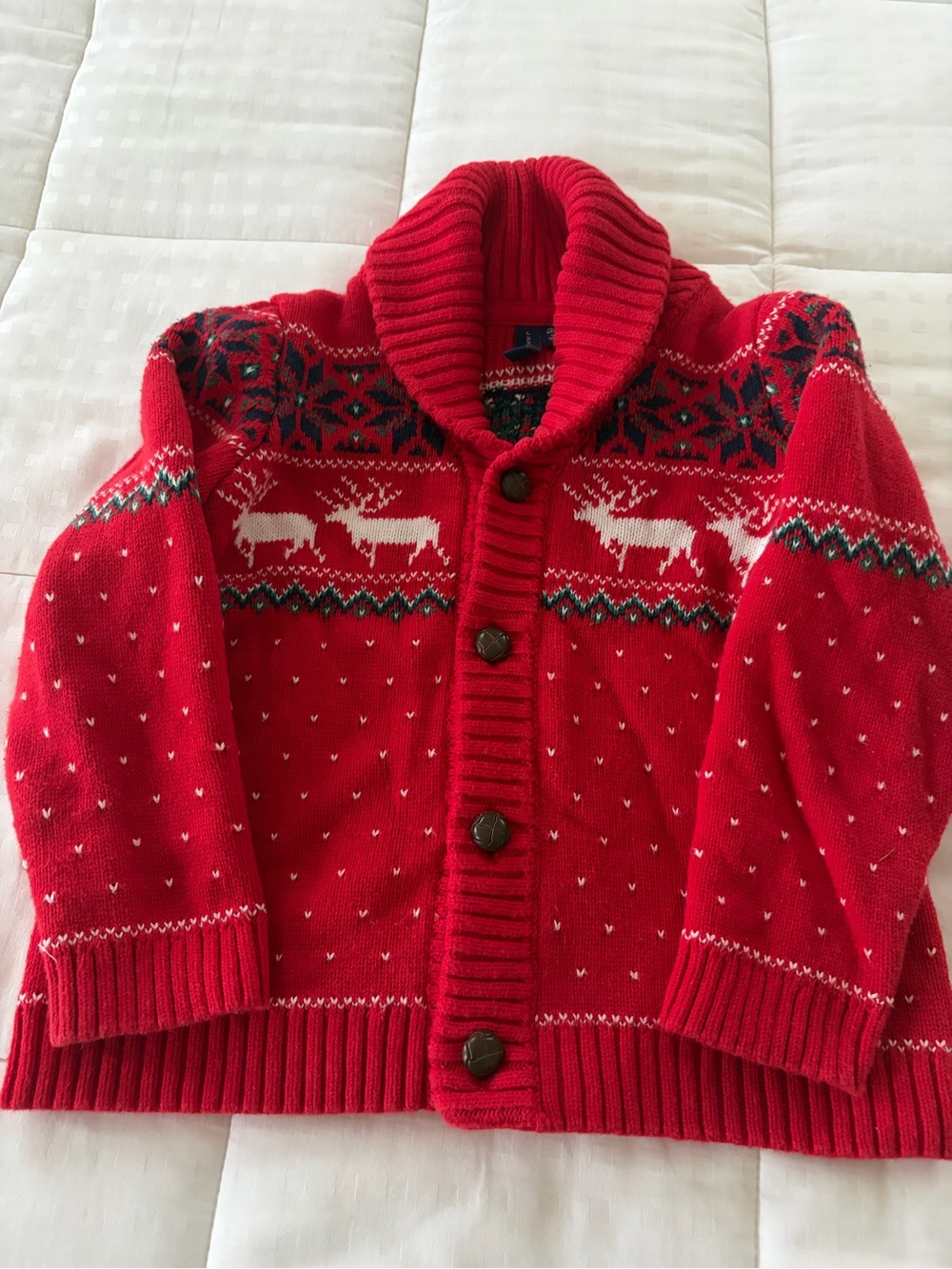Janie and Jack Red Fair Isle Button-Up Cardigan with Reindeer
